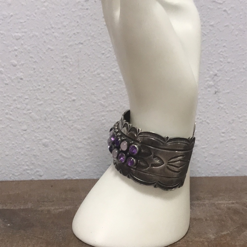 vintage sterling designer El Tom purple stone native american cuff bracelet - Picture 5 of 12